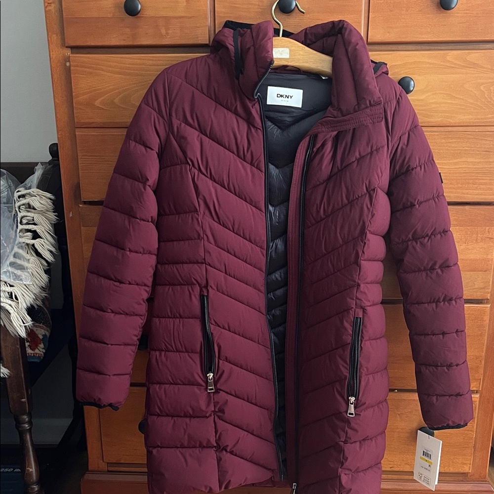 DKNY Women's Burgundy Hooded Quilted Puffer Coat
